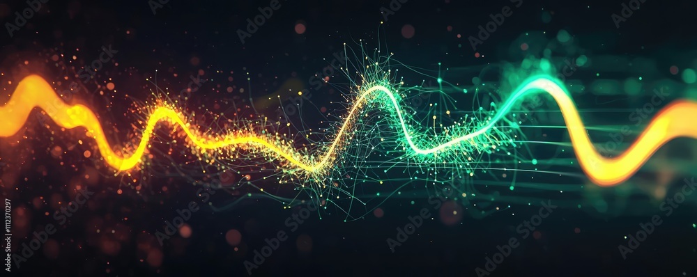 Poster colorful wave patterns with glowing particles on a dark background.