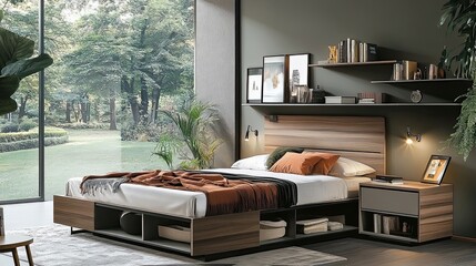 Modern Wooden Platform Bed with Integrated Storage in a Luxurious Bedroom