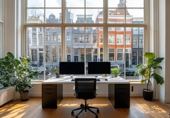 Modern Office Workspace with Dual Monitors and Urban View Through Large Windows Surrounded by Indoor Plants in Bright and Airy Environment