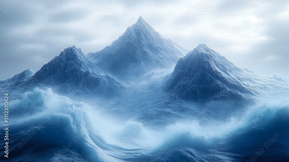 Poster towering peaks emerge from crashing waves in a vast ocean, surrounded by dramatic clouds that create