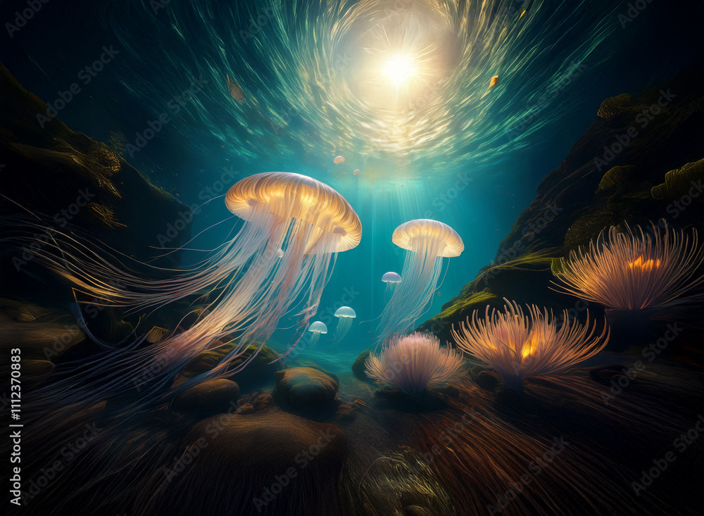 Aufkleber luminescent jellyfish and sea anemones illuminate a serene underwater scene. sunlight filters throug