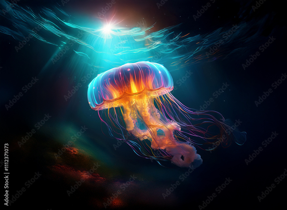 Poster a bioluminescent jellyfish floats in deep ocean water, illuminated by an ethereal light source above