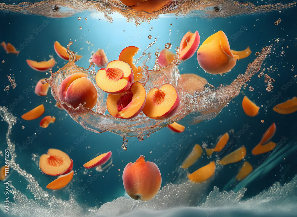 Poster peaches and water splash in dynamic motion. juicy peach slices suspended in mid-air, creating a vibr