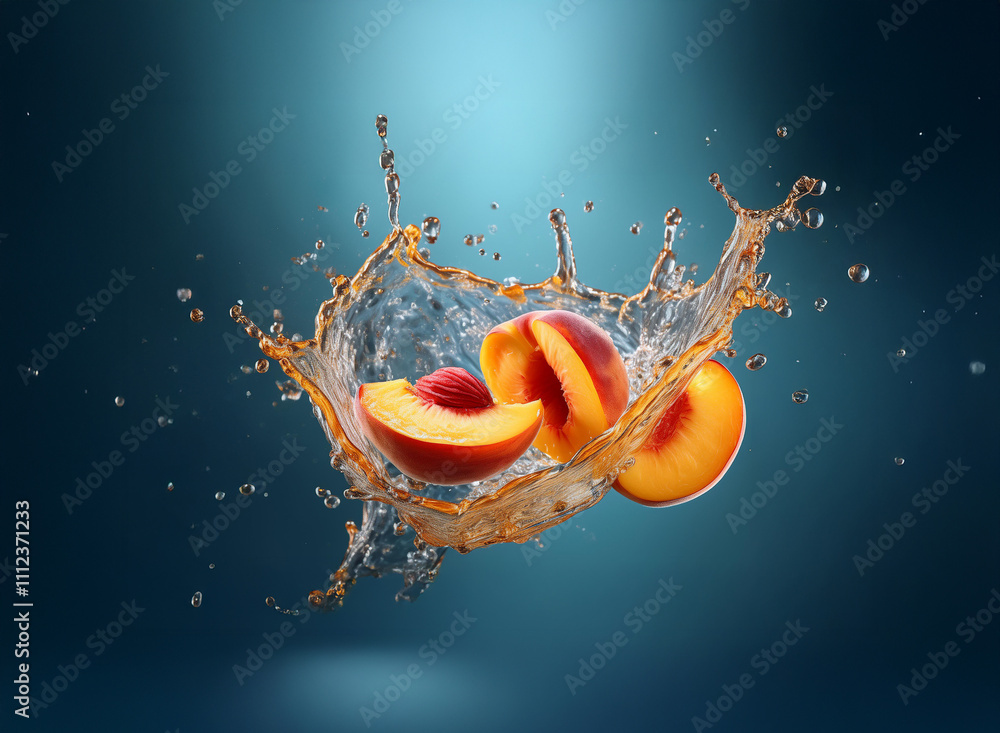 Poster dynamic image of juicy peach halves splashing in a burst of liquid against a deep blue backdrop. the