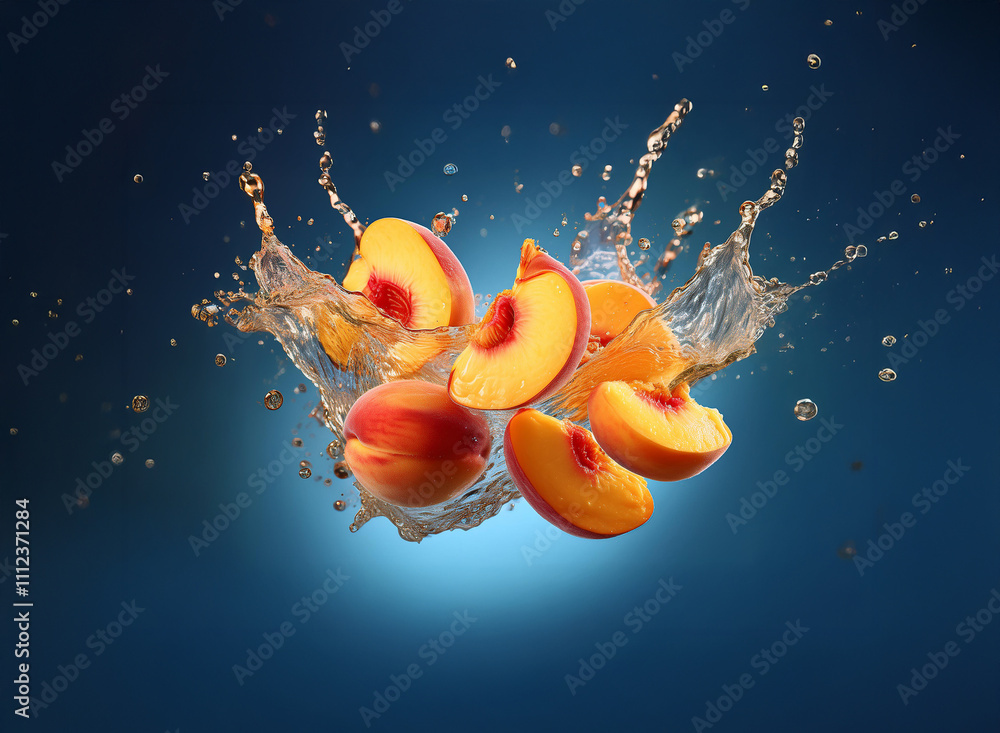 Poster juicy peach slices splash into water, creating a vibrant, dynamic scene against a deep blue backgrou