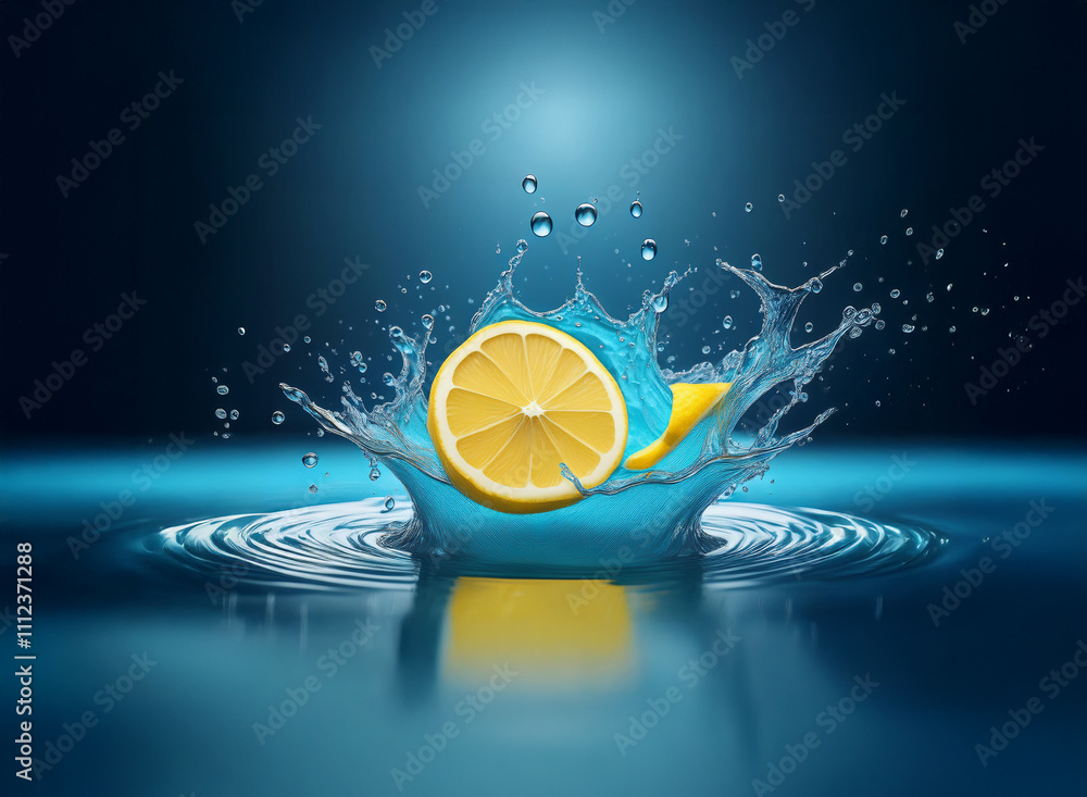 Leinwandbilder A lemon slice creates a vibrant splash in a dark blue liquid, its reflection mirrored on the surface.  The scene is dynamic and refreshing.