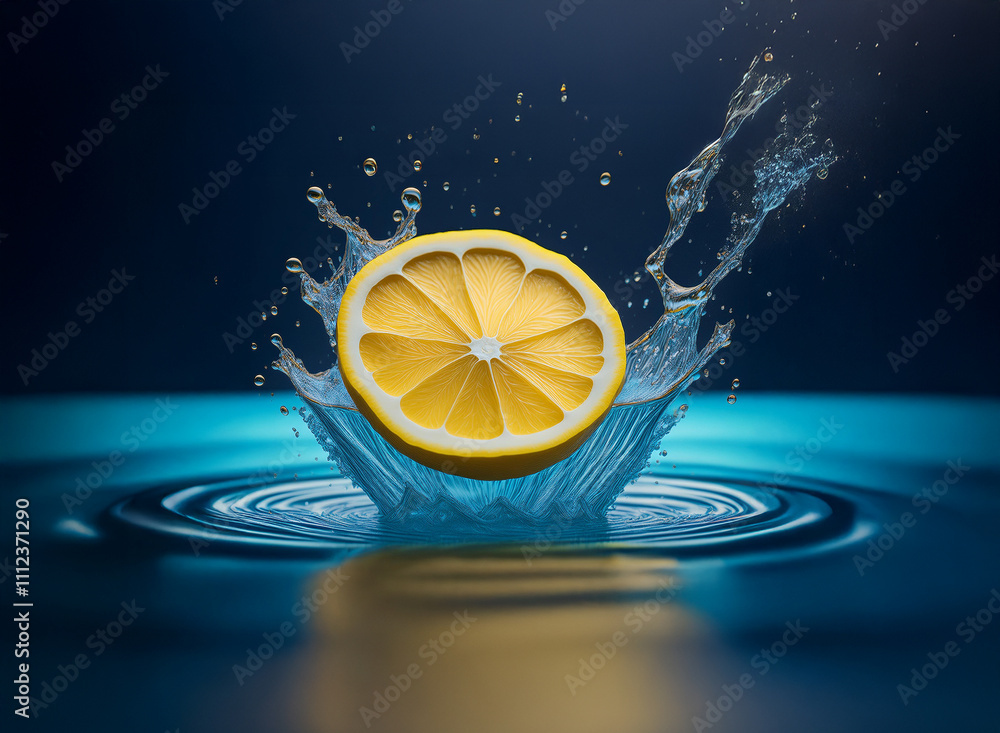 Poster a vibrant lemon slice creates a dramatic splash upon impact with a tranquil blue water surface. the 