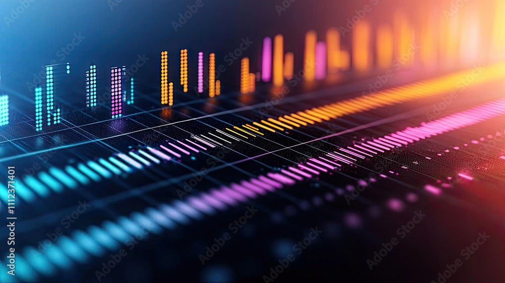Poster colorful audio waveforms representing sound frequencies on a dark background.