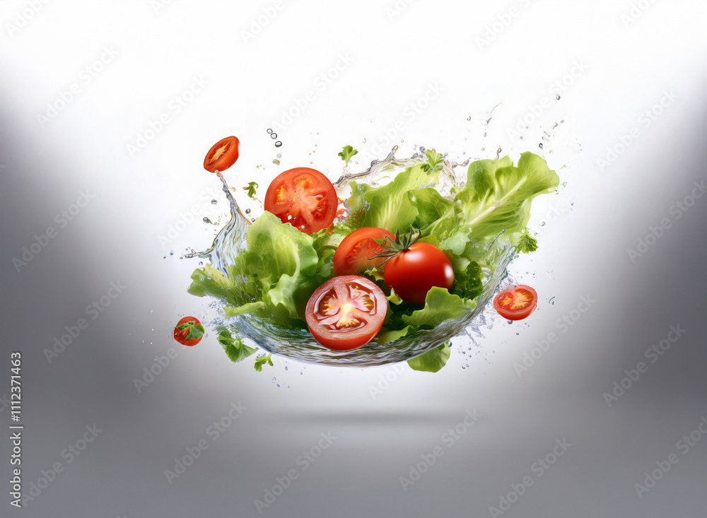 Poster fresh lettuce and tomatoes suspended in a dynamic water splash, creating a vibrant and healthy image