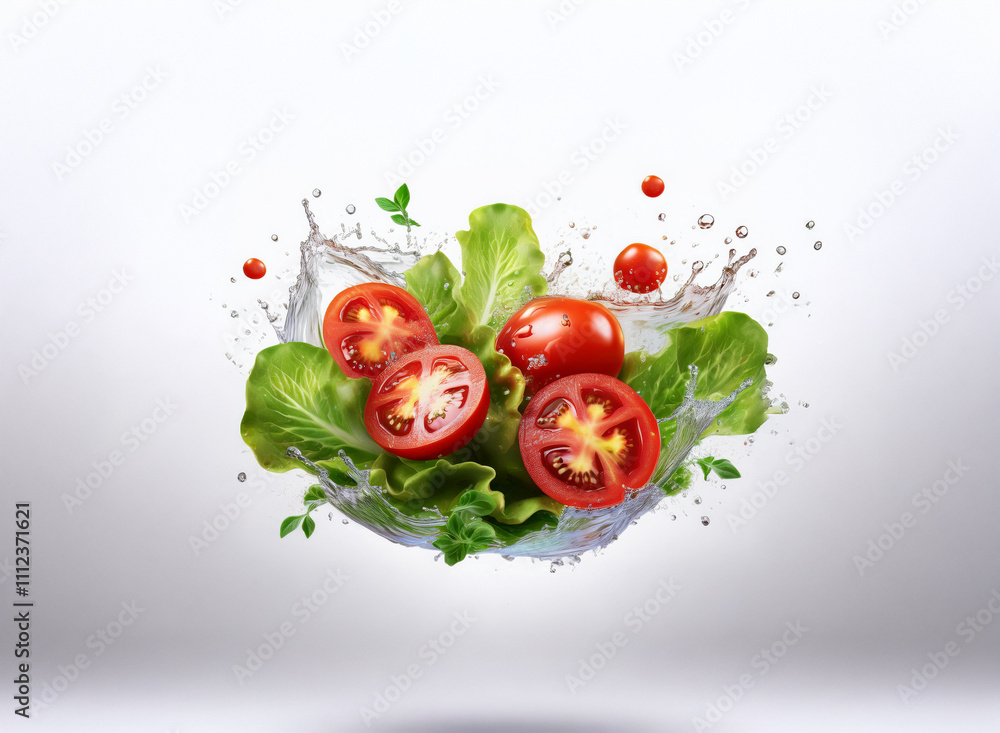 Aufkleber fresh lettuce and halved cherry tomatoes suspended in a water splash, creating a vibrant and dynamic