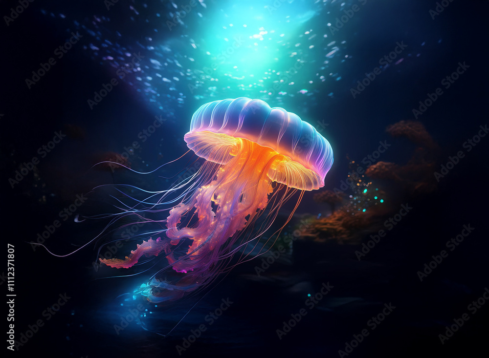 Poster a bioluminescent jellyfish gracefully floats in the deep ocean, illuminated by an ethereal light sou