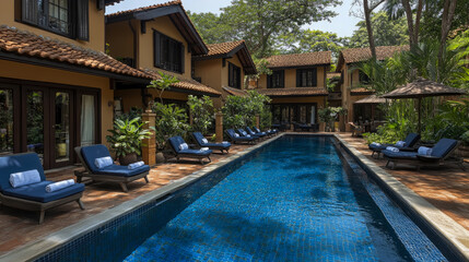 Fototapeta premium Relaxing pool area at a resort featuring lounge chairs and verdant surroundings, offering a peaceful retreat in nature during sunny days