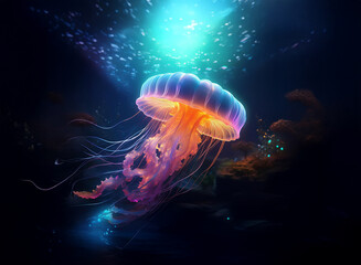 Naklejka premium A bioluminescent jellyfish gracefully floats in the deep ocean, illuminated by an ethereal light source above. Its vibrant tentacles trail below, contrasting with the dark, mysterious background.