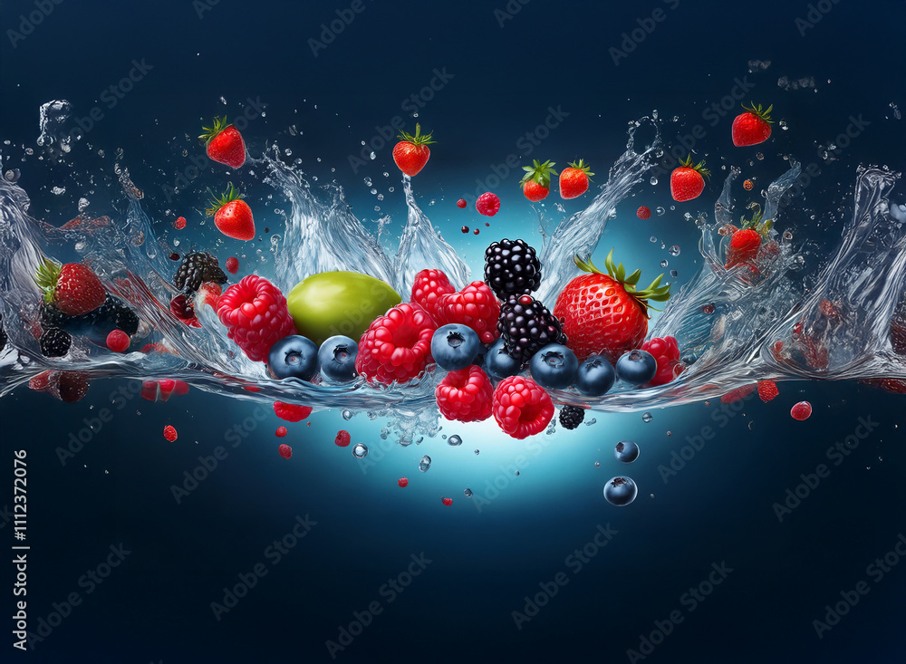Poster Vibrant berries and a lime burst from a water splash, creating a refreshing, summery scene against a deep blue backdrop.  The image is dynamic and full of juicy color.