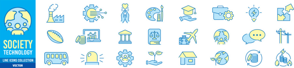 society icon set. technology education healthcare agriculture energy transportation speech justice art editable stroke line vector icons collection illustration