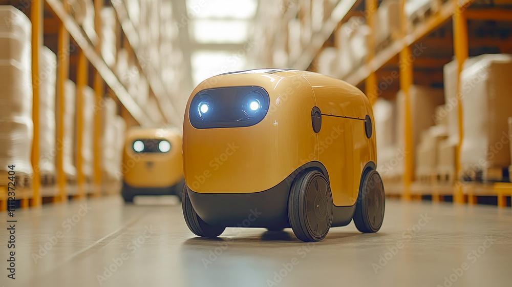 Poster compact delivery robots efficiently travel down wide aisles filled with shelves of products, showcas