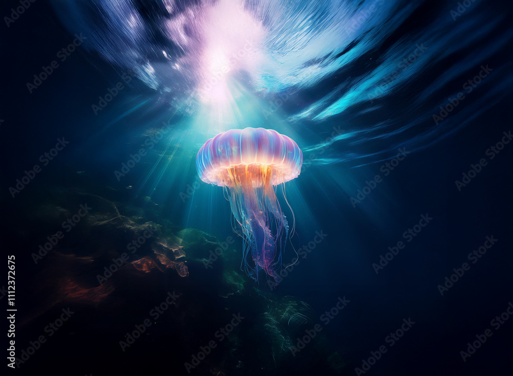 Poster a majestic jellyfish, iridescent and translucent, floats serenely in the deep ocean. sunlight stream