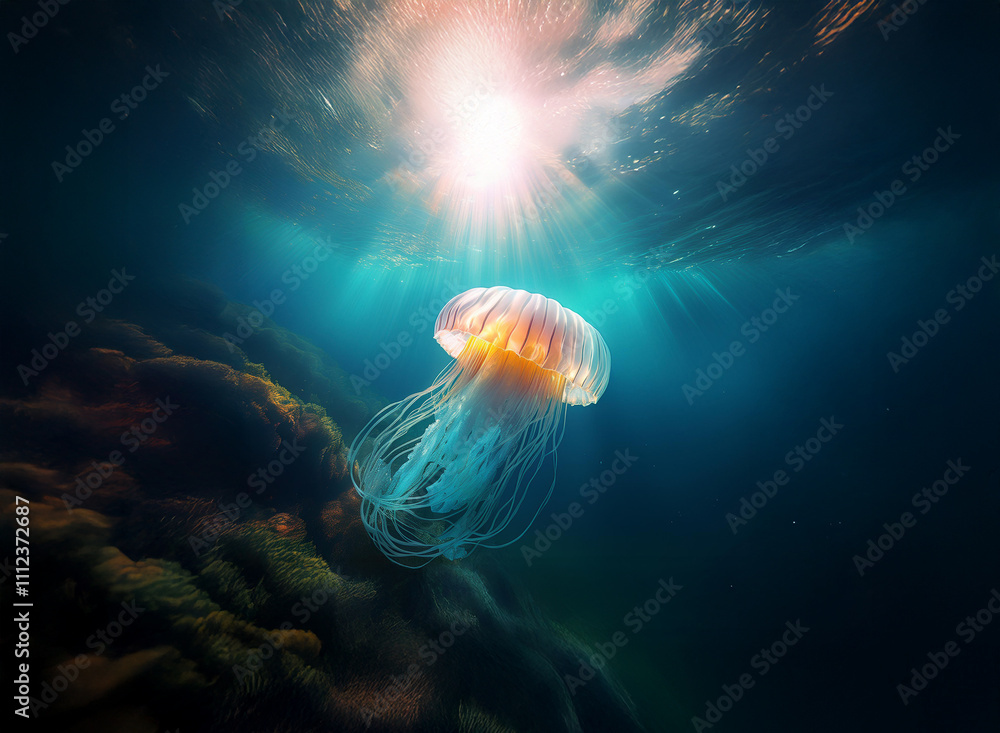Poster Sunlit underwater scene showcasing a majestic jellyfish near a rocky seabed.  Its translucent bell and long tentacles are illuminated, creating a dramatic contrast with the dark depths.