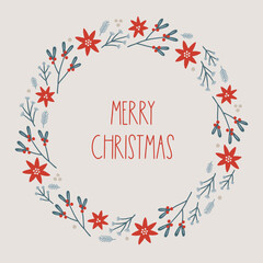 Christmas greeting card with flowers, berries, fir branches, snow on white background. Perfect for seasonal holidays and decorations. Hand drawn frame, wreath