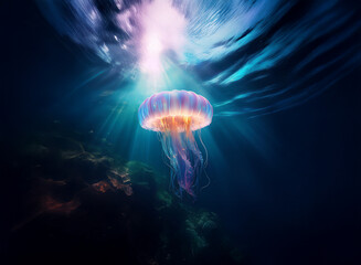 A majestic jellyfish, iridescent and translucent, floats serenely in the deep ocean. Sunlight streams down, illuminating its bell and long, flowing tentacles. Dark, mysterious depths surround it.