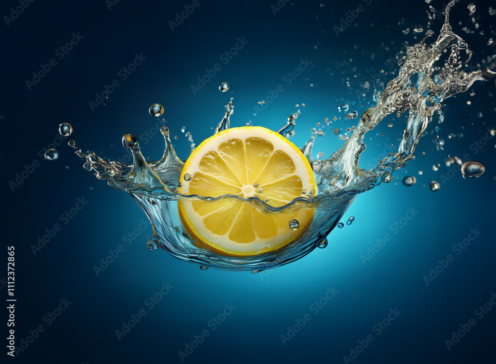 Poster a vibrant lemon slice creates a dynamic splash in clear water against a deep blue backdrop. the imag