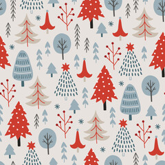 Christmas seamless pattern with trees and snowflakes on white background. Perfect for wallpaper, gift paper, winter greeting cards. Vector illustration