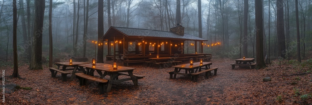 Poster Wooden tables surrounded by trees are softly lit with string lights, creating a warm atmosphere in a forest clearing on a foggy evening