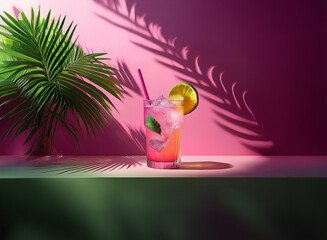 A refreshing pink cocktail with ice and lime, garnished with mint, sits on a shelf against a vibrant pink backdrop, illuminated by palm shadows.