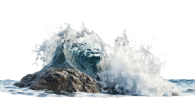 Sea wave hitting rock transparent background