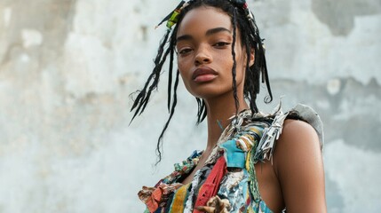 A model wearing a sustainably designed outfit made of upcycled materials, with a focus on eco-friendly fashion.