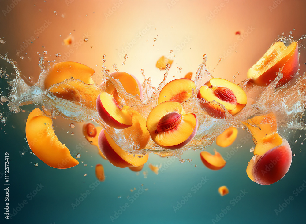 Poster juicy peach slices splash into water, creating a vibrant, dynamic burst of color and texture against