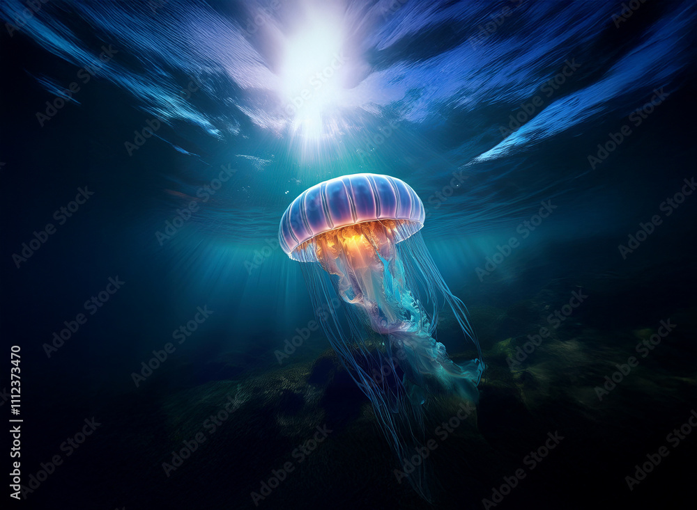 Poster a luminous jellyfish floats gracefully in a deep ocean, sunlight filtering through the water above, 