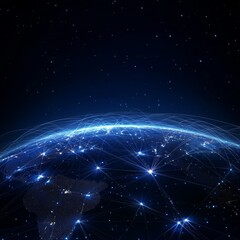 Global network connections at night, illuminated Earth.