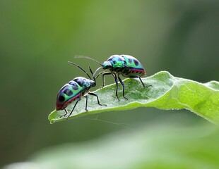 Colorful beetles on a leaf