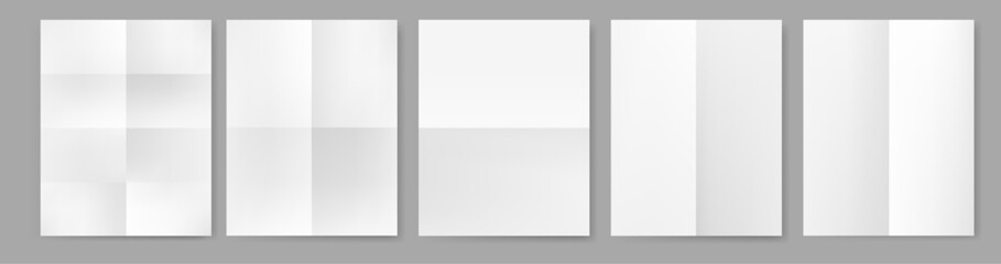 Rectangular sheet of paper folded along middle lines and into smaller parts, views from both sides. Vector bent to create shape, form or design of cards, booklets or artistic origami folding