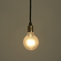 Glowing vintage Edison light bulb hanging from a black cord against a neutral background.