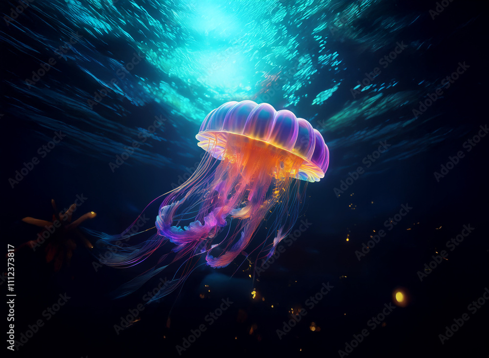 Poster A bioluminescent jellyfish gracefully floats in the deep ocean, its vibrant tentacles trailing in the dark, surrounded by subtle sparkles.
