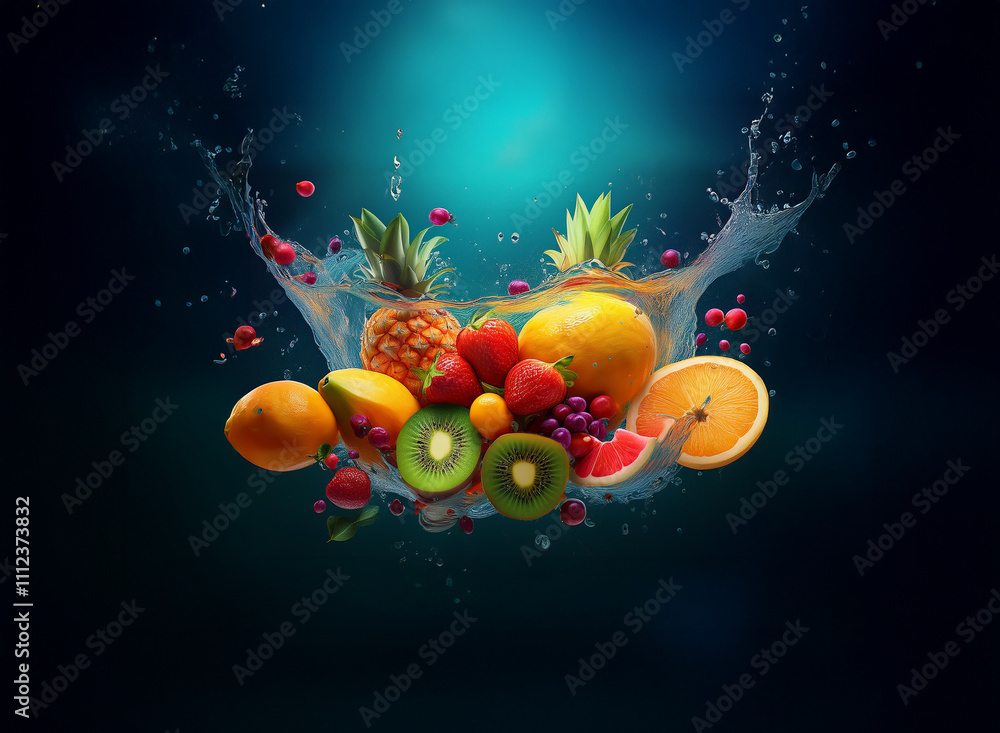 Poster Vibrant mix of fresh fruits splashing into water, creating a dynamic and colorful scene against a dark blue background.  The image showcases the juicy textures and bright colors of the fruit.