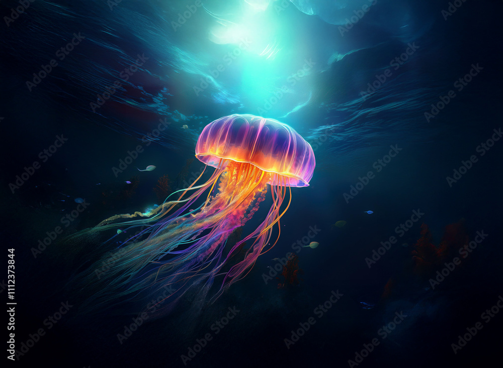 Poster a bioluminescent jellyfish gracefully drifts in the deep ocean, its vibrant tentacles trailing in th