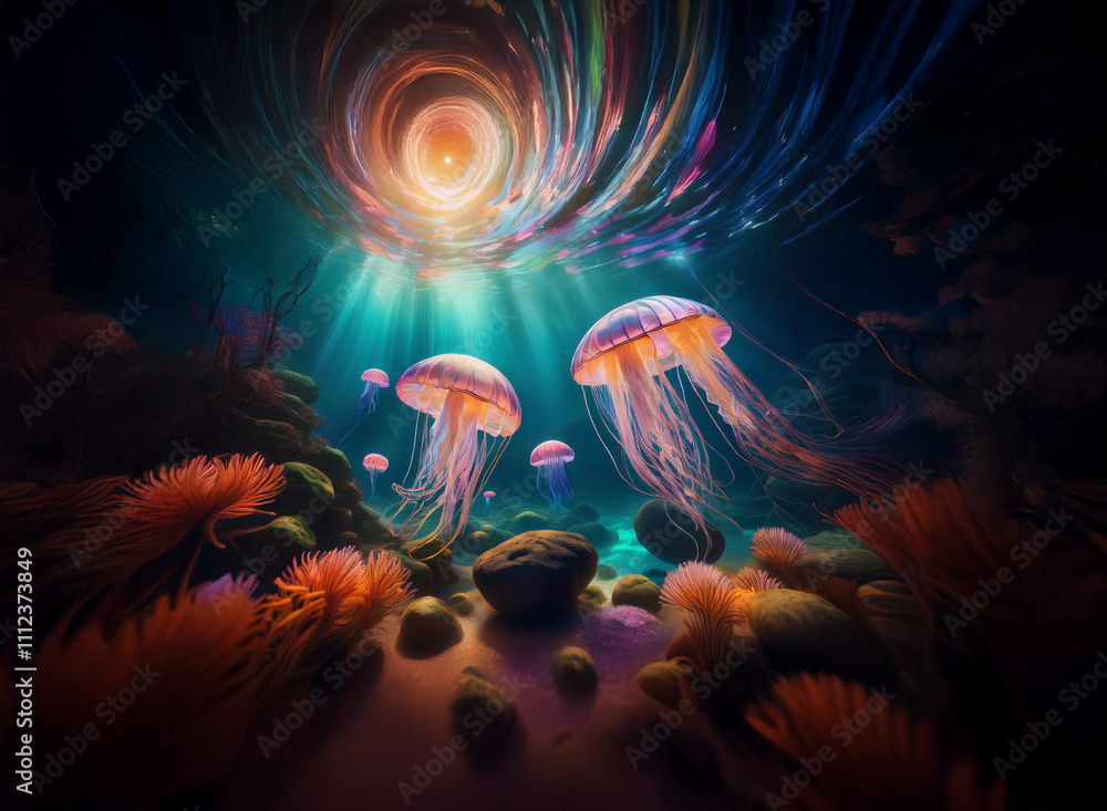 Poster A mesmerizing underwater scene: luminous jellyfish drift near vibrant coral and rocks, bathed in ethereal light emanating from an otherworldly vortex above.