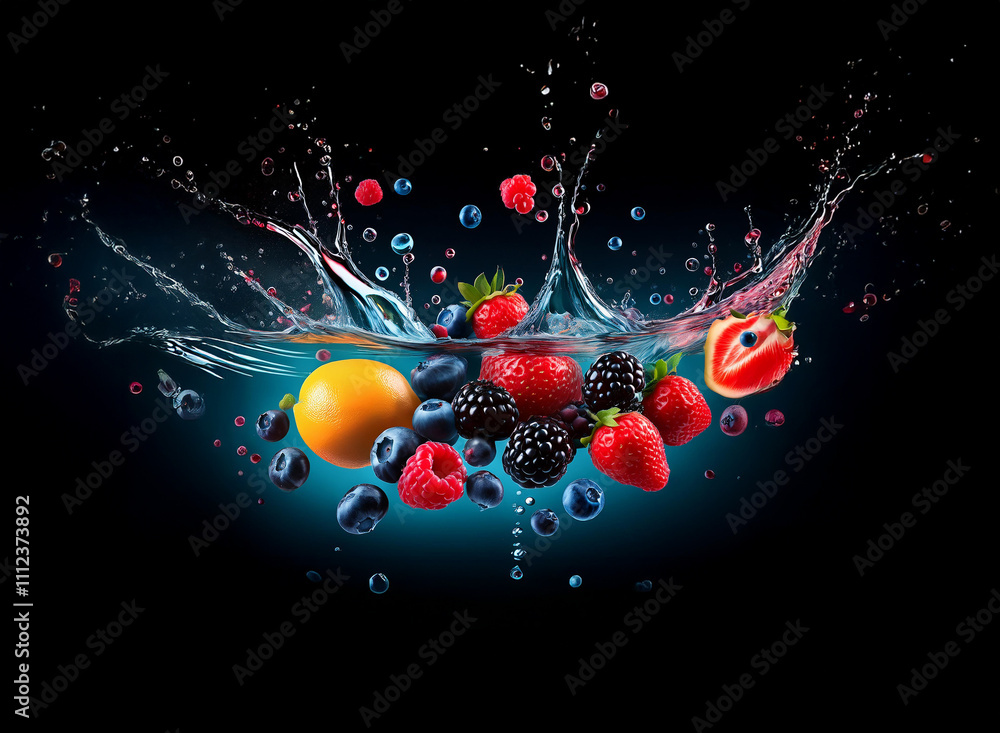 Poster vibrant berries and a peach splash into water, creating a dynamic, colorful explosion against a dark