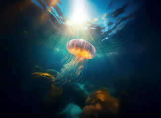 A luminous jellyfish floats in sunlit ocean depths, its bell glowing against a dark, rocky seabed.  The water is clear, showcasing the creature's ethereal beauty.