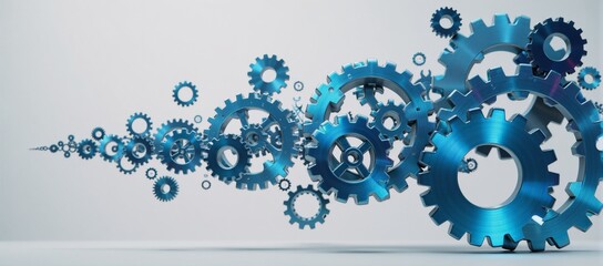 A holographic rotating gears icon representing a diverse business community against a white background