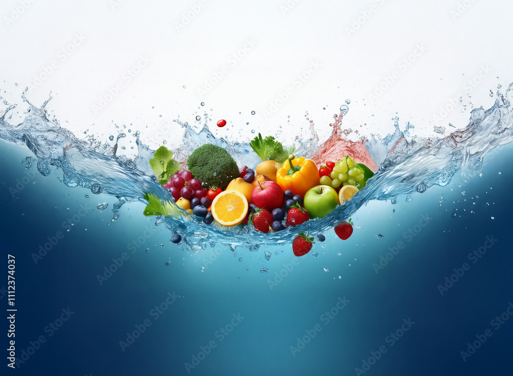 Poster a vibrant mix of fresh fruits and vegetables splashes into clear water, creating a dynamic, healthy 