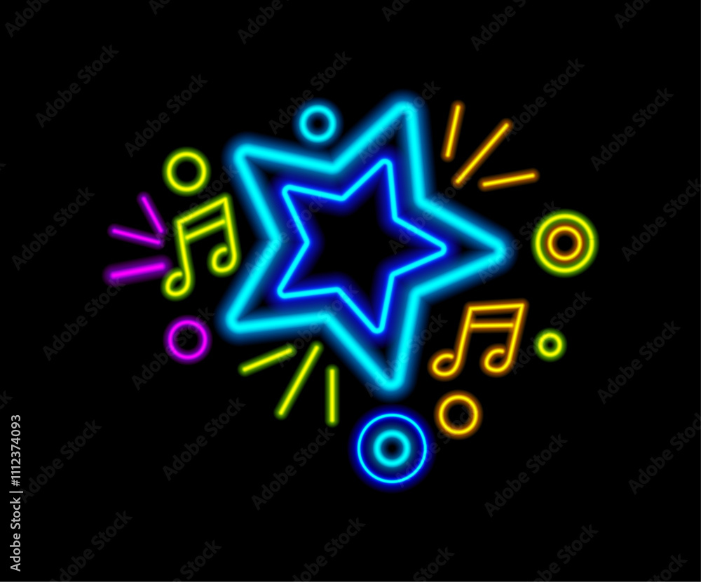 Poster glowing stars frame with musical notes and circles, banner with neon light effect. vector realistic 