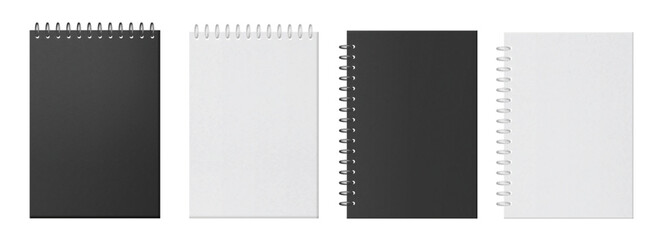 Diary or notebooks mockups with covers on metal springs. Vector isolated realistic sketchbooks or pocketbooks, memo sheet with lines for writing or taking notes. Organizer, school or office supplies