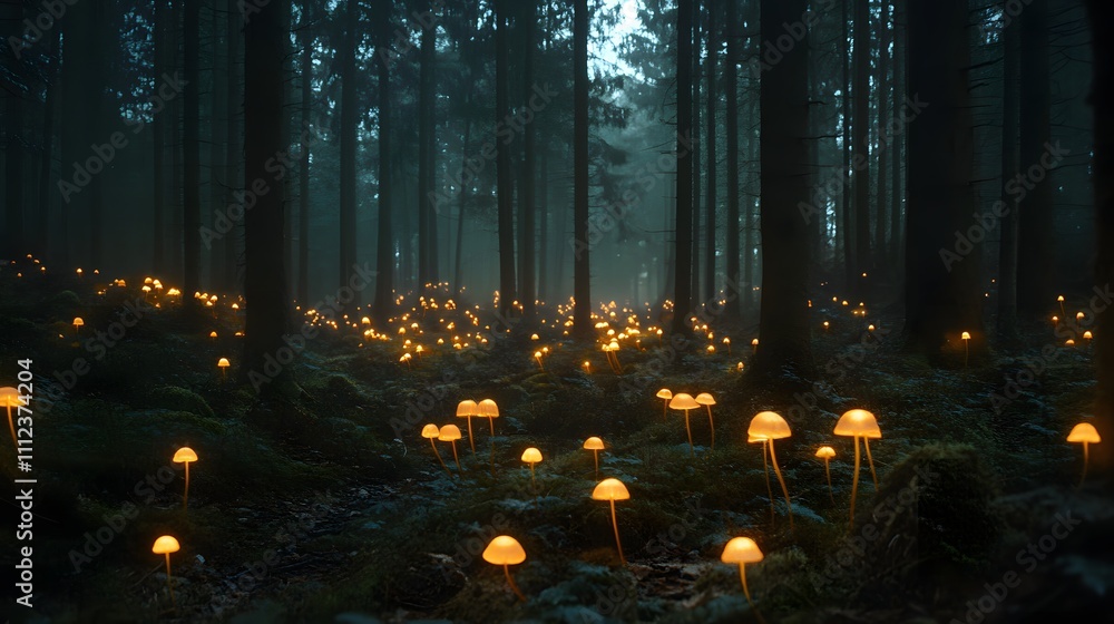 Poster a magical forest filled with glowing mushrooms and soft, ethereal light filtering through dense tree