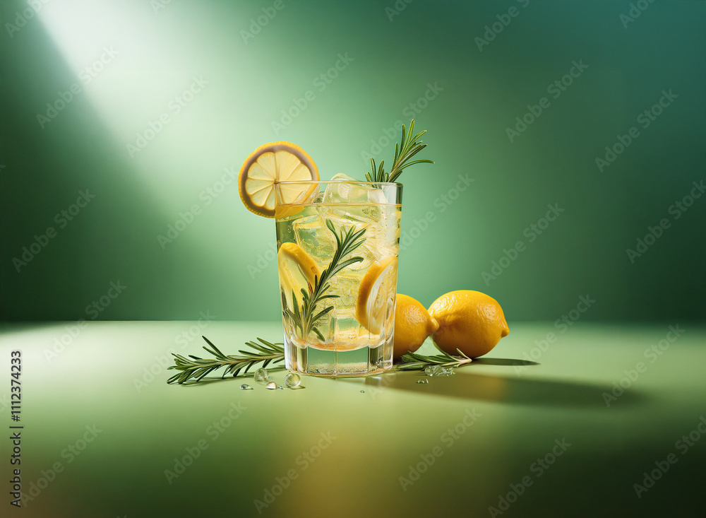 Poster refreshing lemonade with rosemary garnish in a glass, sits on a green surface, illuminated by a spot