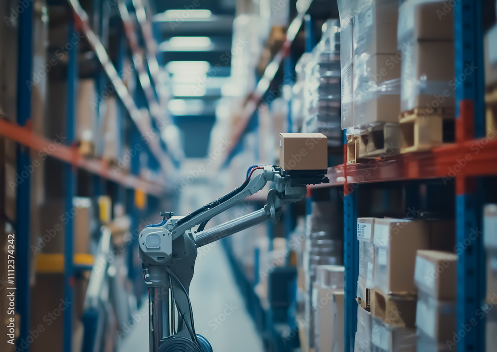 Poster robotic arm precisely lifting a package in a high-tech warehouse with blurred shelves, showcasing ad