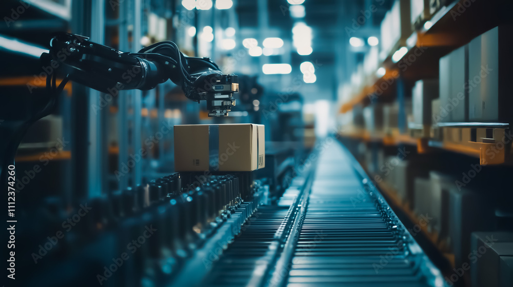 Poster a robotic arm in a modern warehouse placing a package on a conveyor belt, illuminated with ambient l